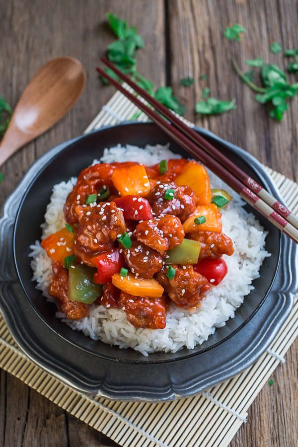 Slow Cooker Sweet-and-Sour-Chicken over rice on a plate