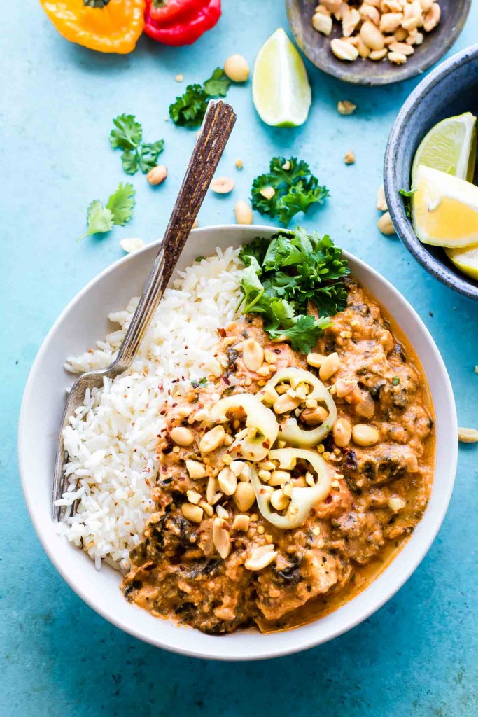 West African Peanut Stew with rice in a bowl